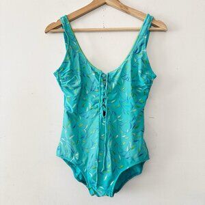 Gottex Swimsuit Retro Swimwear One Piece Bathing‎ Suit Teal Embroidered Tie 12